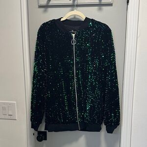 Elegant Sequin Bomber Jacket in Black and Green